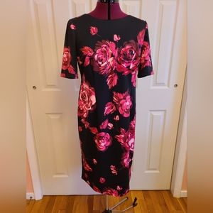 Black and Pink Shift Dress with Rose Print Design